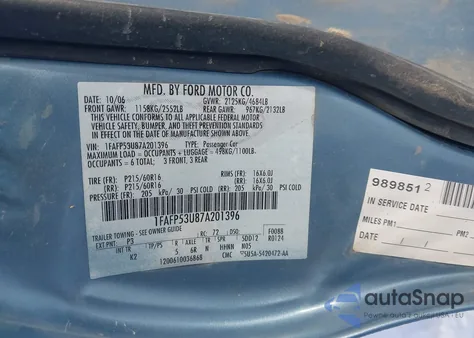 2007 Ford Taurus Se from USA, damaged, VIN 1FAFP53U87A201396